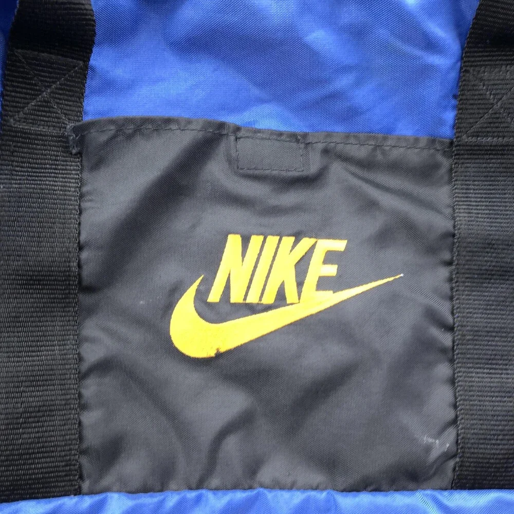 Vintage Nike Blue Duffel Bag Nylon Gym Travel Sports Carry On Bag Black Yellow